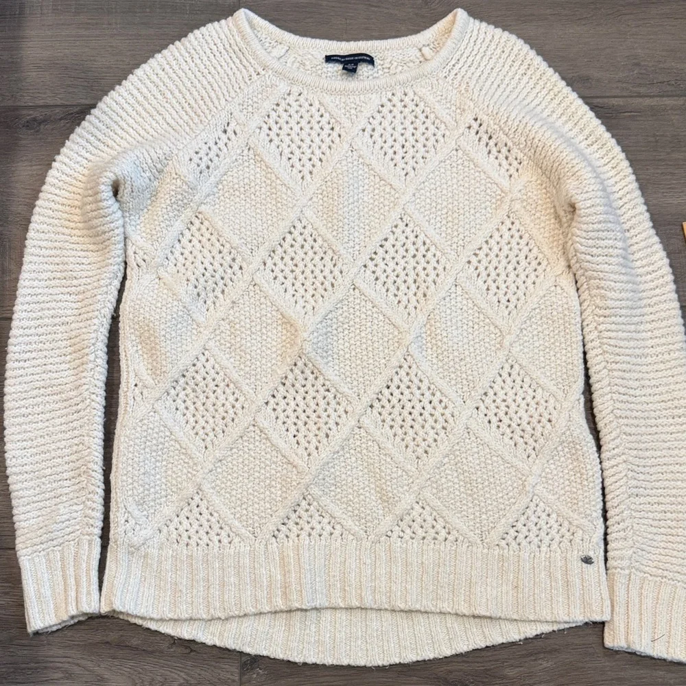 American Eagle Outfitters Cream Open-Knit Diamond Crewneck Sweater - Picture 1 of 9